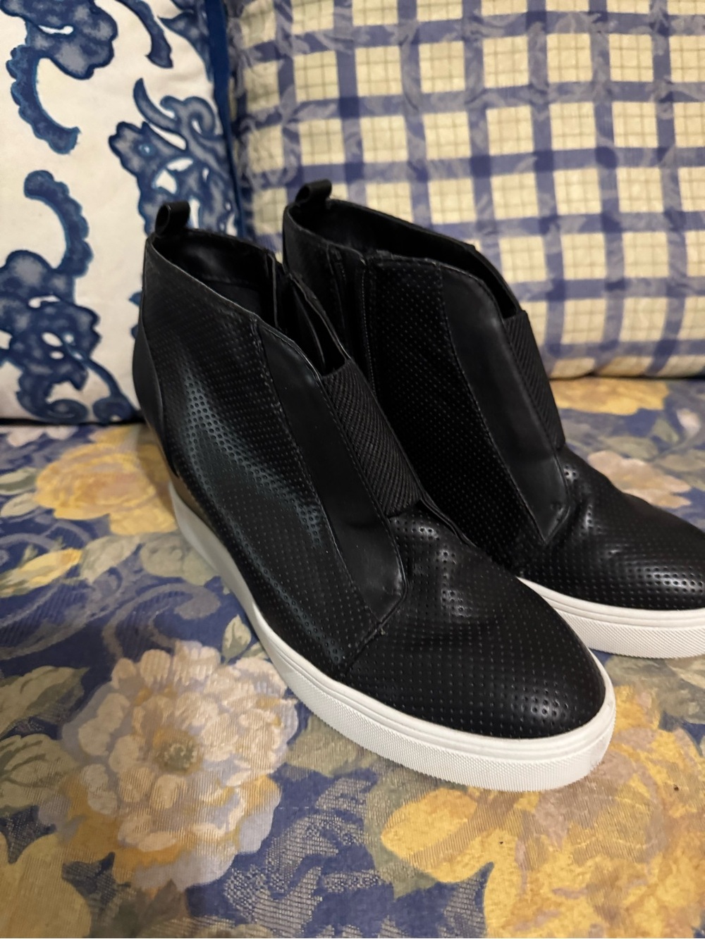 MIA Black Perforated Leather Slip-On Wedge Sneakers with White Sole
